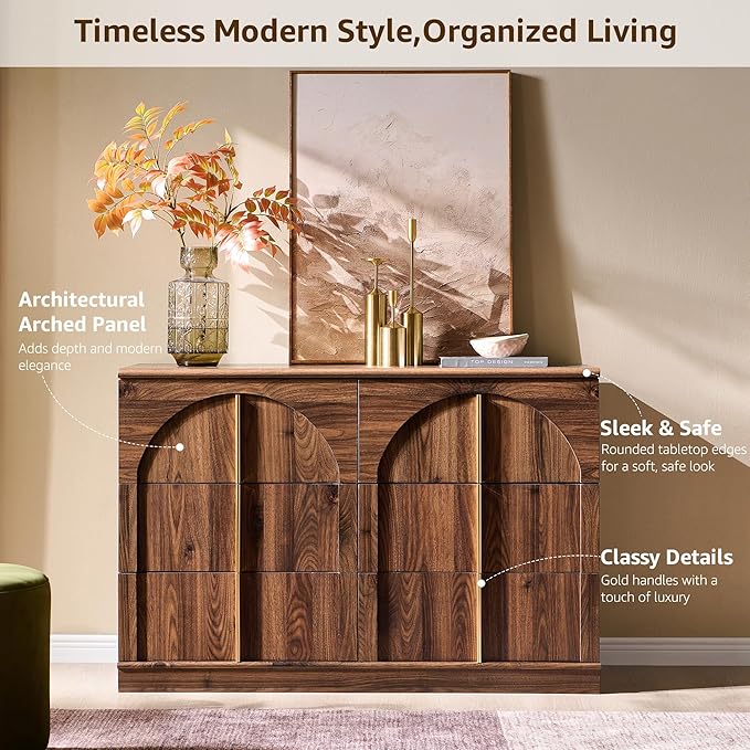 ACCOHOHO Arched Dresser for Bedroom with 6 Drawers, 47.3" Wide Modern Chest of Drawers with Rounded Edge & Metal Handles, Wood Storage Closet Dressers TV Stand for Living Room, Hallway, Brown
