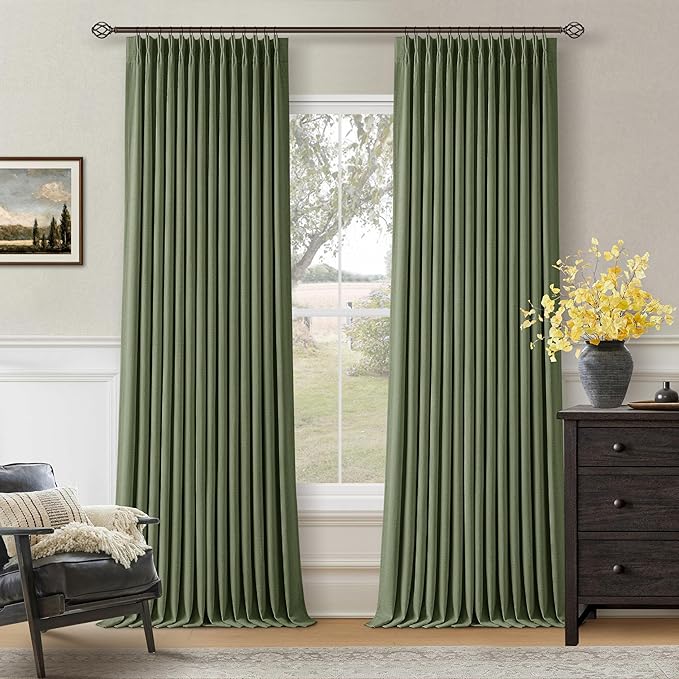 Loden 105 Inch Long Blackout Curtains Olive Green Thick Linen Pinch Pleated Curtains 2 Panels for Bedroom Living Room Darkening Light Blocking Pinch Pleat Back Tab 105 Inch Window Drapes Olive Green
