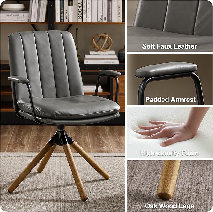 Art Leon Mid Century Modern Chair, Oak Legs Swivel Accent Chair No Wheels, Faux Leather Armchair for Small Spaces Home Office Living Room Bedroom, Gray