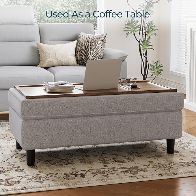 LINSY HOME 46 Inches Wide Storage Ottoman Bench, Linen Coffee Table Long Shoes Bench Footstool, Storage Chest, Foot Rest Stool, for The Living Room, Entryway and Family Room (Grey)