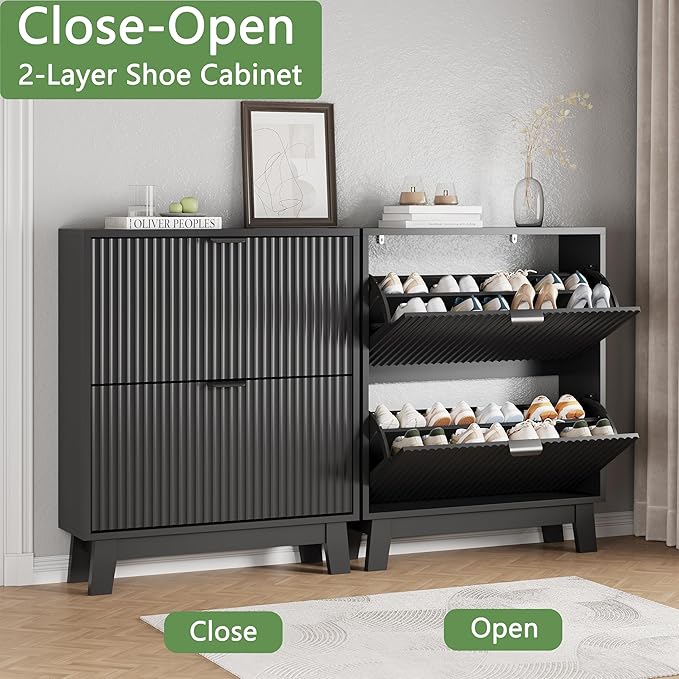 Shoe Cabinet with 2 Flip Drawers, 37" Tall Narrow Fluted Shoe Storage Organizer for Entryway, Hidden Slim Wooden Shoe Rack Cabinet for Front Door Entrance, Hallway, Living Room, Solid Black