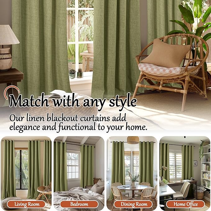 Linen Blackout Curtains 90 Inch Long, Olive Green Extra Long Curtains for Bedroom Living Room Modern Farmhouse, Thermal Light Blocking Faux Linen Energy Save Drapes Each 52x90 Inch 2 Panels