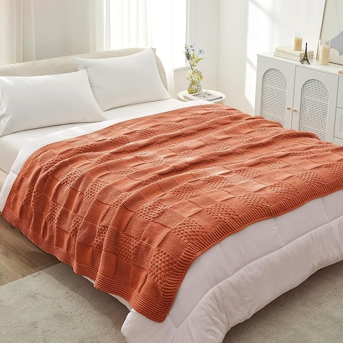 Amélie Home Checkered Chenille Knit Throw Blanket for Couch, Classic Texture Decorative Soft Blanket for Sofa, Chair & Bedroom, 50"x60", Burnt Orange