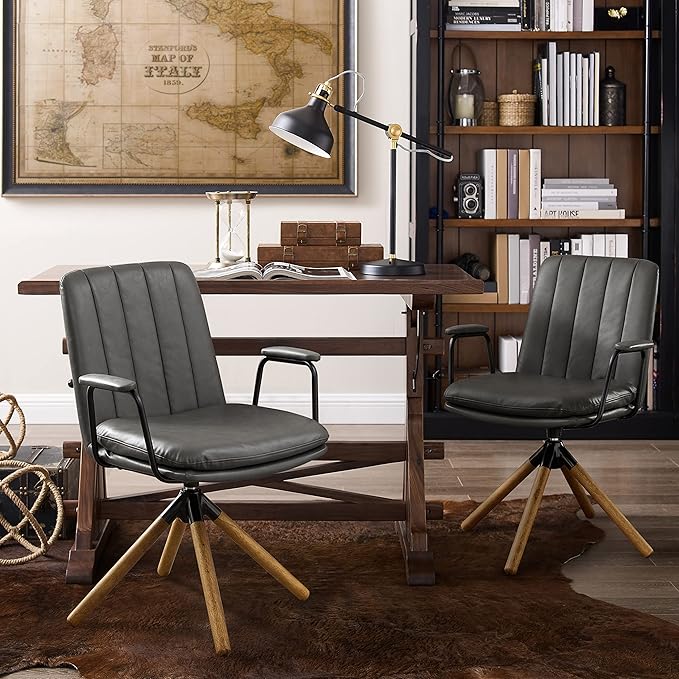 Art Leon Desk Chair No Wheels, Set of 2, Mid Century Modern Swivel Chair with Oak Wood Legs, Faux Leather Home Office Desk Chairs for Bedroom Living Room, Gray