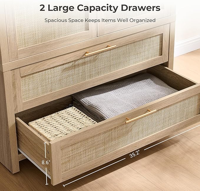 SICOTAS Armoire Wardrobe Closet, Larger Rattan Armoires Wardrobe Cabinet with 2 Large Drawers & Hanging Rod, Tall Closet Storage Cabinet for Cloak Room, Bedroom, Light Oak (3 PCS)