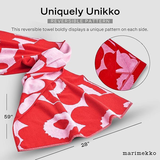 MARIMEKKO Unikko Terry Cotton Bath Towel (Red) – Floral Patterned Bath Towels – 59 in x 28 in