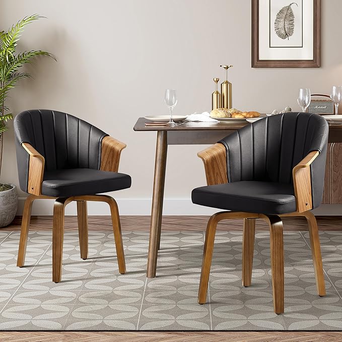 Art Leon Swivel Dining Chairs, Set of 2, Mid Century Modern Faux Leather Upholstered Kitchen Dining Room Chairs, Accent Desk Chairs with Wood Legs, Black/Walnut