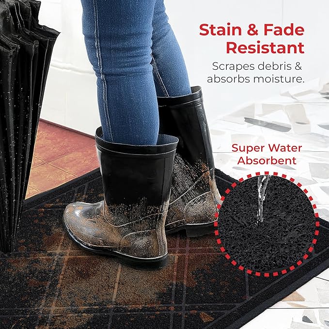 SlipToGrip Durable Door Mat - Black Plaid Design Entryway Rug - 35x23 inches, No-Slip and Washable - Indoor and Outdoor Use, Weatherproof - Ideal for Garage, Patio, and Front Entryway