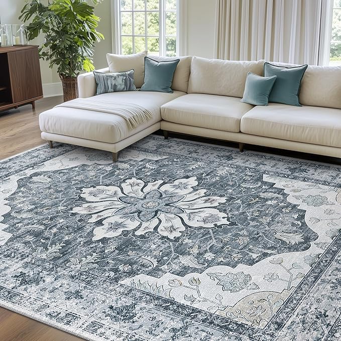 Area Rugs 7'x9' Washable Non-Slip, Floral Vintage Distress Print Pattern Medallion Carpet for Living Room Bedroom Dining Room, Light Gray Grey White