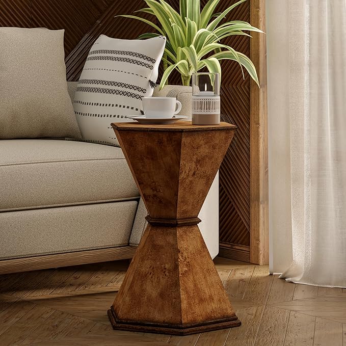 COZAYH Farmhouse Hexagonal Accent Table, Rustic Hourglass Design Side Table with Sculptural Geometric Base for Living Room or Bedroom, Natural Wood-Tone Finish, Brown