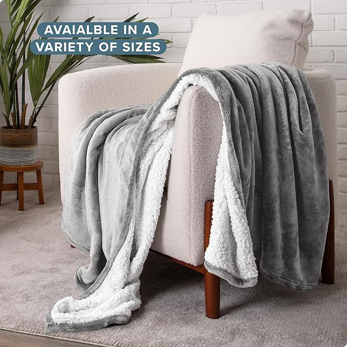 Bare Home Sherpa Fleece Blanket - Full/Queen Size - Blanket for Bed, Sofa, and Couch - Warm & Lightweight - Fluffy & Soft - Reversible (Full/Queen, Light Grey)