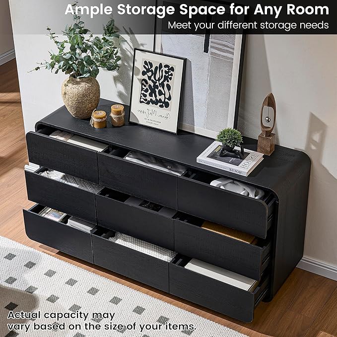 9 Dresser for Bedroom, 57" Wide Vertical Drawer Dresser with Large Storage, Wooden Drawer Closet for Bedroom, Living Room, Black