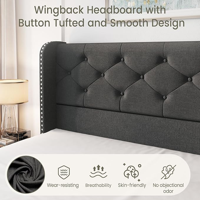 LARMACE Full Size Bed Frame with 4 Storage Drawers and Wingback Headboard Linen Upholstered Platform Bed Frame Tufted Beds with Wooden Slats Support, Easy Assembly, Dark Grey