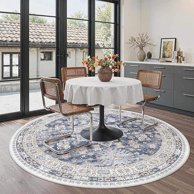 zesthome Washable Round Area Rugs - Non-Slip 6ft Round Rugs, Ultra-Thin Large Circle Rugs for Living Room, Soft Low Pile Rug for Bedroom, Kitchen, Nursery - Vintage Stain Resistant Round Rug
