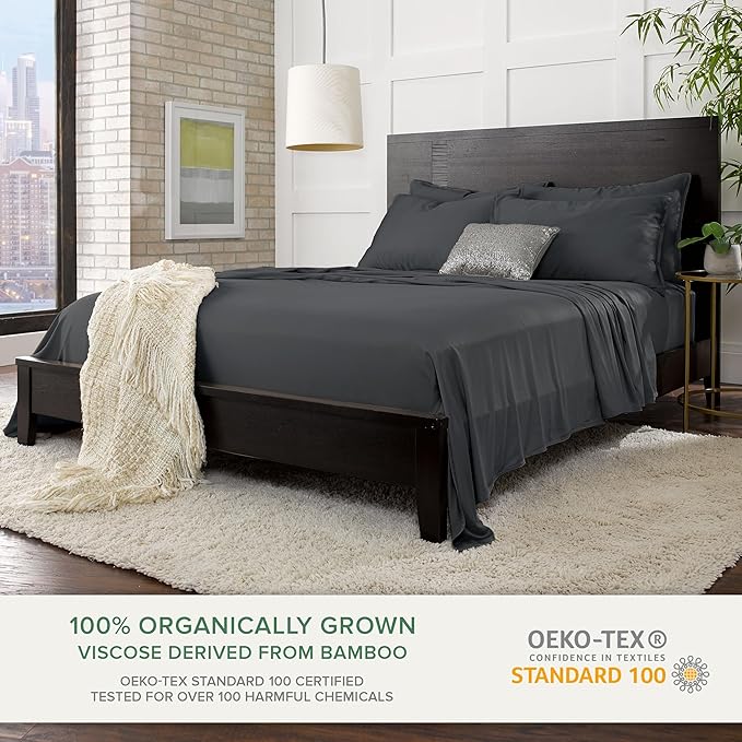 Pure Bamboo Full Sheets, Genuine 100% Organic Viscose Derived from Bamboo Bed Sheet Set, Luxuriously Soft & Cooling, Double Stitching, 2 Year Quality Promise (Full, Charcoal)