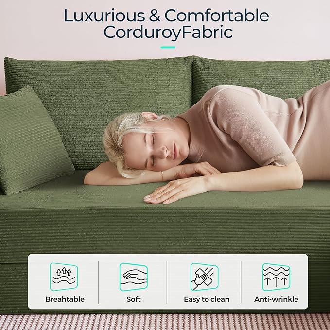 LINSY HOME Convertible Sofa Bed with 2 Pillows & Ottoman, Boneless Couch Folding Modular Sectional Sleeper Sofa, L Shaped Sofas Corduroy Couch Bed Compression Sofa for Living Room Apartment, Green