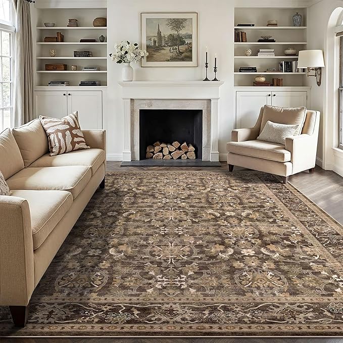 5x7 Area Rugs - Ultra-Thin Washable Rug with Non-Slip Backing, Ideal for Living Room, Bedroom, Dining Room Indoor - Vintage Floral, Easy Clean, Durable, Low Pile Rug Black