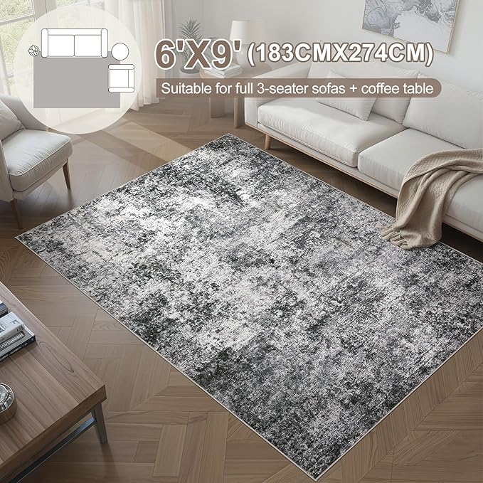 Area Rug Living Room Rugs - 6x9 Large Soft Indoor Neutral Modern Abstract Low Pile Washable Rug Carpet for Bedroom Dining Room Farmhouse Home Office - Grey