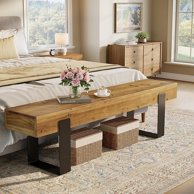 Solid Wooden Bed Bench, 63" Entryway Bench for Indoor Space, Farmhouse End of Bedroom Seat, Long Dining Seat for Dining Room, Entry, Mudroom
