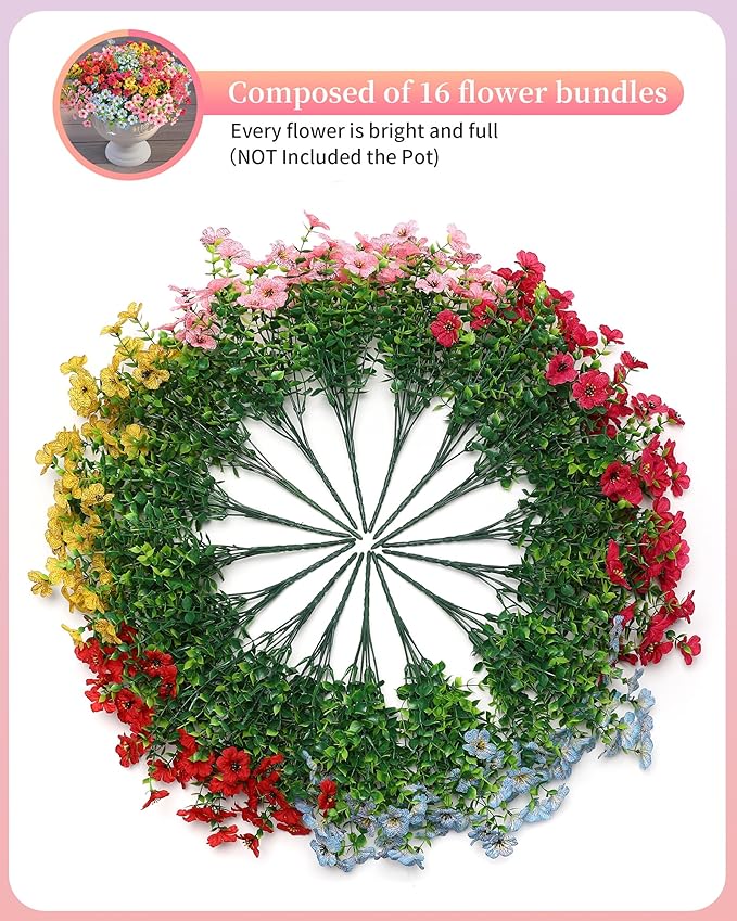 Faux Flowers for Outdoor Planters 16 Bundles UV Resistant Artificial Fake Eucalyptus Plants Outside Spring Summer Yard Decor Realistic Silk Daisy Used for Patio,Front Porch,Pots Decoration