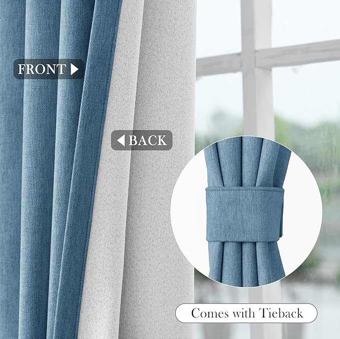 Macochico 52" Wx108 L 100% Blackout Curtains Extra Long Thermal Insulated Chenille Curtains for Living Room Bedroom Auditorium Home Theater Ashtray Blue Grommet Curtains with Tieback Classic 1 Panel