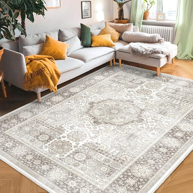 8x10 Rug - Cream & Grey Area Rug - Foldable Non Slip Vintage Rugs for Living Room - Modern Area Rugs 8x10 - Boho Living Room Rugs for Bedroom Dining Room, Distressed Pattern Carpet