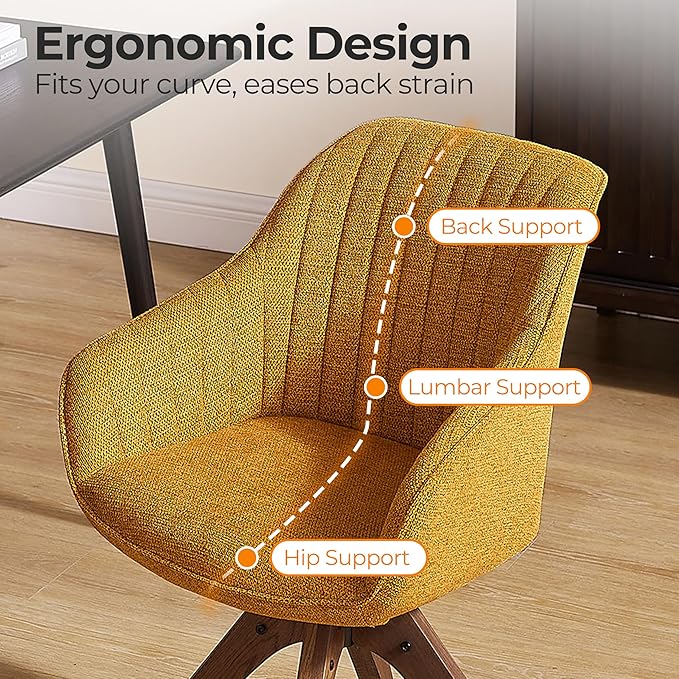 Zouron Mid Century Modern Accent Chair with Wooden Legs, Upholstered Swivel Chair No Wheels, Side Accent Armchair Vanity Chair for Small Space Home Office Living Room Bedroom, Yellow