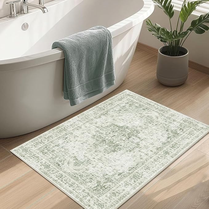 2x3 Vintage Washable Area Rugs for Entryway Soft Non-Slip Bath Mat Boho Medallion Distressed Retro Accent Carpet Floral Low Pile Indoor Throw Rug for Kitchen Laundry Living Room Bedroom, Green