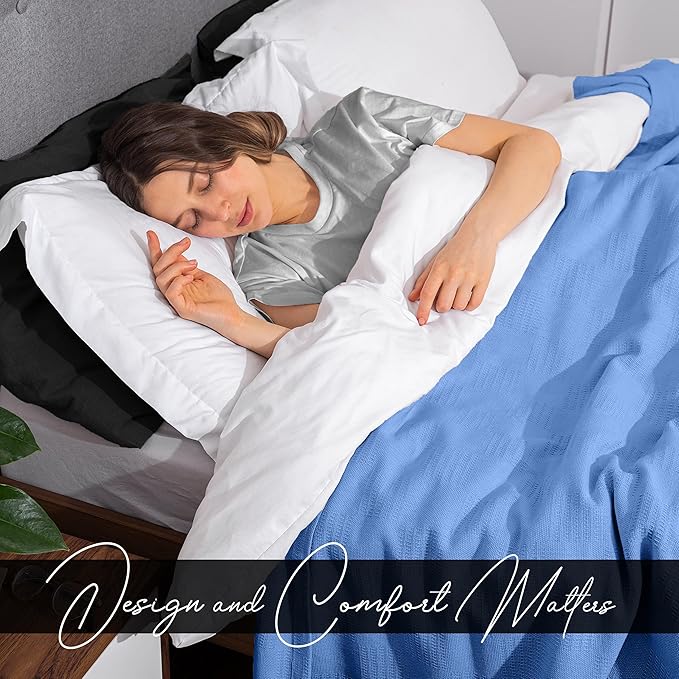 Avalon Bedding 100% Cotton Blankets Queen Size Thermal Blanket (90"x90") - Perfect Cotton Blanket Queen Size for Layering Bed in Any Season - Cotton Blankets for Bed (Blue)