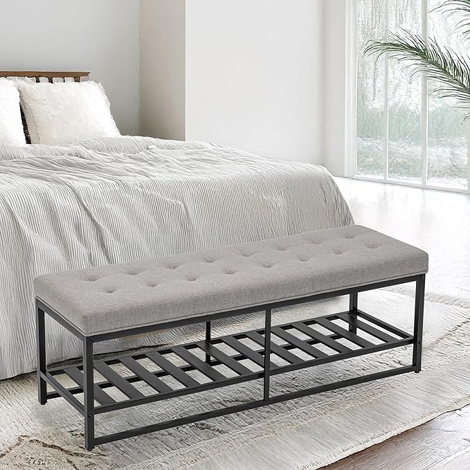 Rectangular Upholstered Tufted Linen Ottoman Storage Bench, Large Footrest Ottoman with Iron Base, White End of Bed Bench for Entryway, Living Room, Bedroom