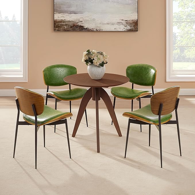 Art Leon Dining Chairs Set of 4 - Walnut Bentwood, Mid Century Modern Dining Room Chairs, Faux Leather Upholstered Desk Chair with Black Metal Legs, Green