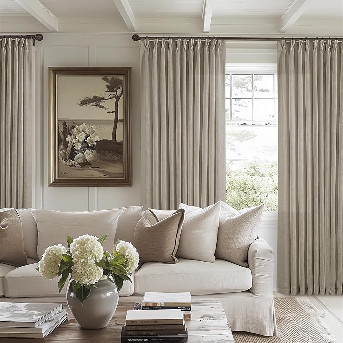 Linen Sheer Pleated Curtains 120 Inches Long 70 Inch Wide Patio Sliding Door Curtains Light Filtering Semi Sheer Pinch Pleat Drapes Burlywood Taupe Extra Wide 70x120 Drapes for Living Dining Room