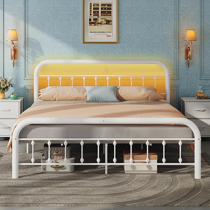 WLIVE Metal Platform Bed Frame, King Size Bed Frame with Headboard, Bed Frames with LED Lights and Charging Station, 1500LBS Mattress Foundation, Under Bed Storage, No Box Spring Needed, White