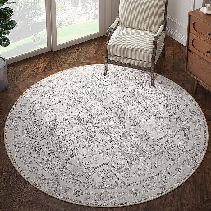 jinchan Lima Round Rug 6ft Vintage Machine Washable Area Rug Indoor Circle 6' Ultra-Thin Non-Slip Floral Print Carpet for Farmhouse Entryway Dining Room Living Room Bedroom Office (6'Round, Taupe)
