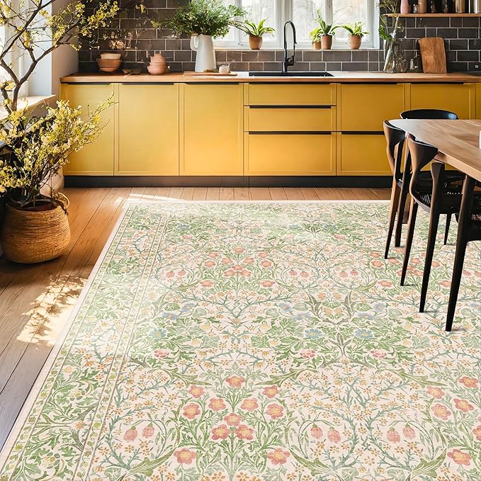Light Beige Green Botanical Living Room Rug, 7x10 Washable Area Rug for Kids Room, Bedroom, Nursery Room, Living Room, Dining Room, Low Pile Non-Slip - Vintage Design & Fade Resistance