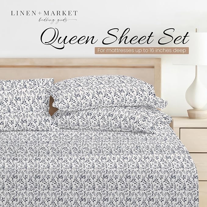 Linen Market Double-Brushed Patterned Microfiber Queen Sheet Set 4 Piece – Oeko-TEX Certified Ultra Soft & Wrinkle-Free - 16" Deep Pocket Sheets - Easy Care Queen Size - Burst of Vines Navy