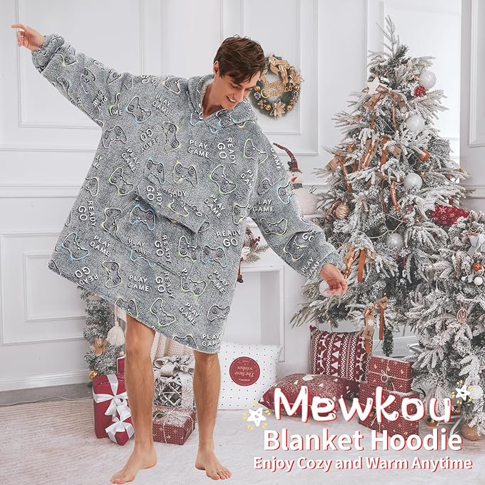 Glow in The Dark Game Controller Wearable Blanket Hoodie for Adult,Oversized Sherpa Fleece Blanket Hoodie for Women Men,Gamer