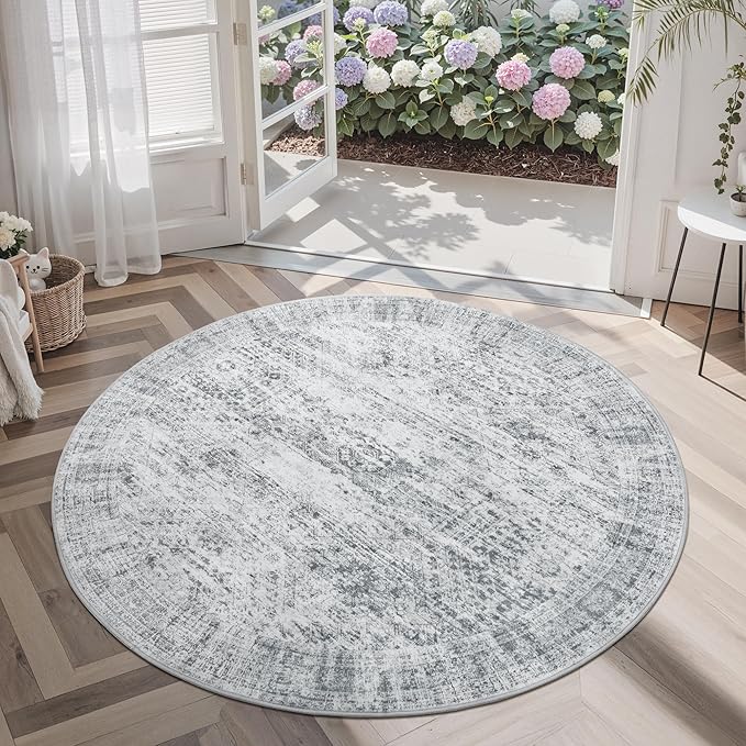 5x5 Grey Round Rug 5ft Living Room Circle Rug Vintage Gray Round Area Rug Non Slip Indoor Carpet for Entryway Dining Room Bedroom
