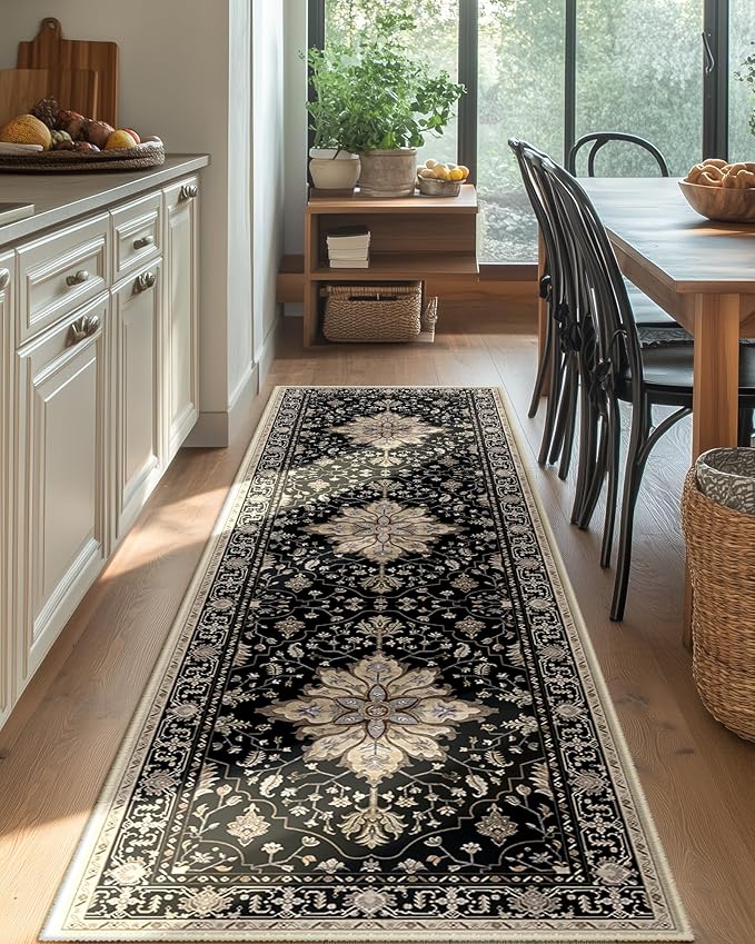 Area Rugs 2'x8' Washable Non-Slip, Floral Vintage Distress Print Pattern Medallion Carpet for Living Room Bedroom Dining Room, Black Brown Neutral Dark Tan