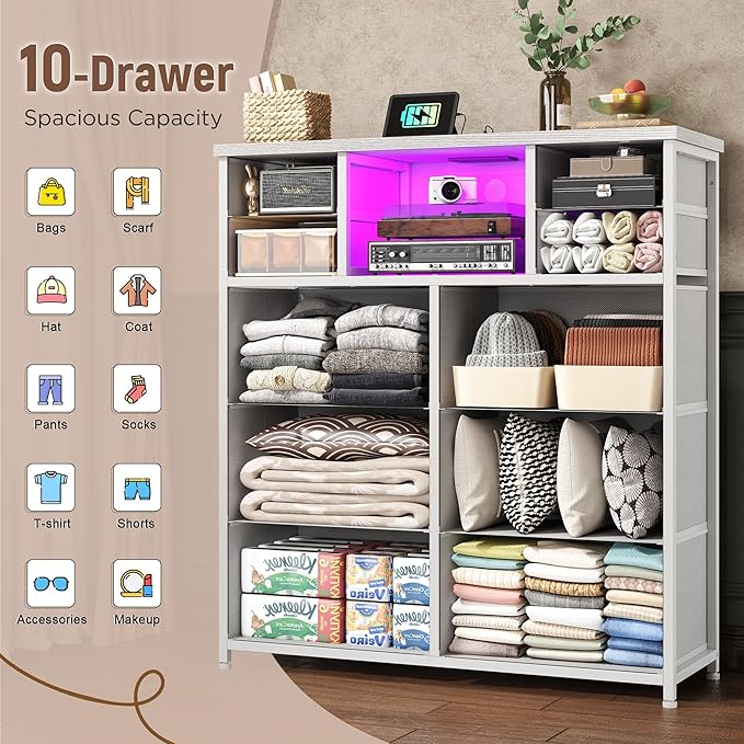 White Dresser for Bedroom with 10 Drawers Featuring LED Light and Power Outlet, Fabric Dressers & Chest of Drawers with Open Shelves for Hallway, Living Room, Steel Frame,Wood Top