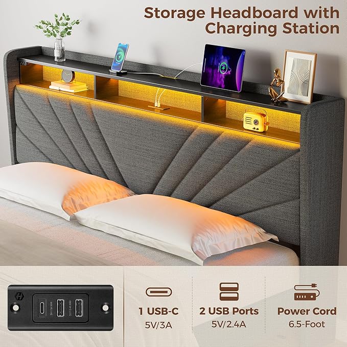 Rolanstar King Size Bed Frame, Storage Headboard with Charging Station and LED Lights, Upholstered Bed with Heavy Duty Wood Slats, No Box Spring Needed, Noise Free, Easy Assembly, Dark Grey