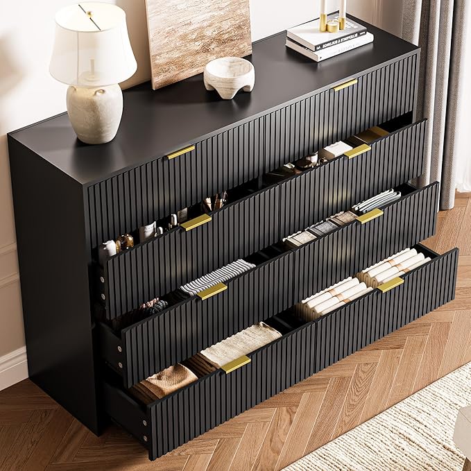 3-Piece Dresser Bedroom Set, 8 Drawer Dresser & 2 Drawer Nightstands with Gold Handles, Fluted Wood Chest of Drawers for Bedroom, Living Room, Entryway, Black