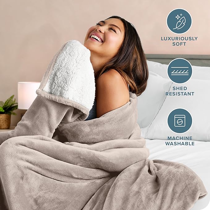 Bare Home Sherpa Fleece Blanket - Throw/Travel Size - Blanket for Bed, Sofa, and Couch - Warm & Lightweight - Fluffy & Soft - Reversible (Throw/Travel, Light Taupe)