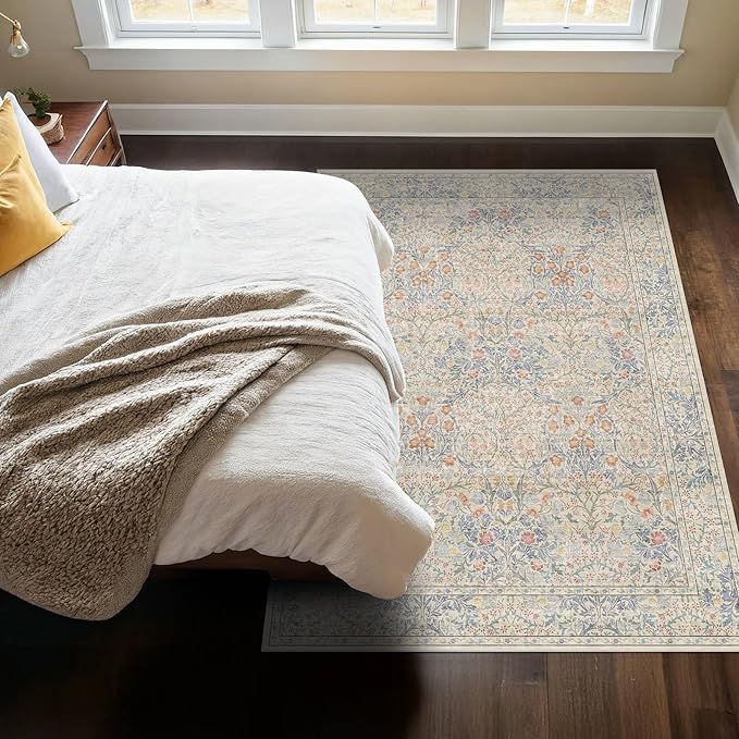 Washable Beige Blue 5x8 Area Rug for Large Entryway, Living Room, Kids Room, Boy Nursery Room, Bedroom Rug - Vintage Oriental Low Pile Non Slip & Stain Resistance (5x8 Beige Blue)