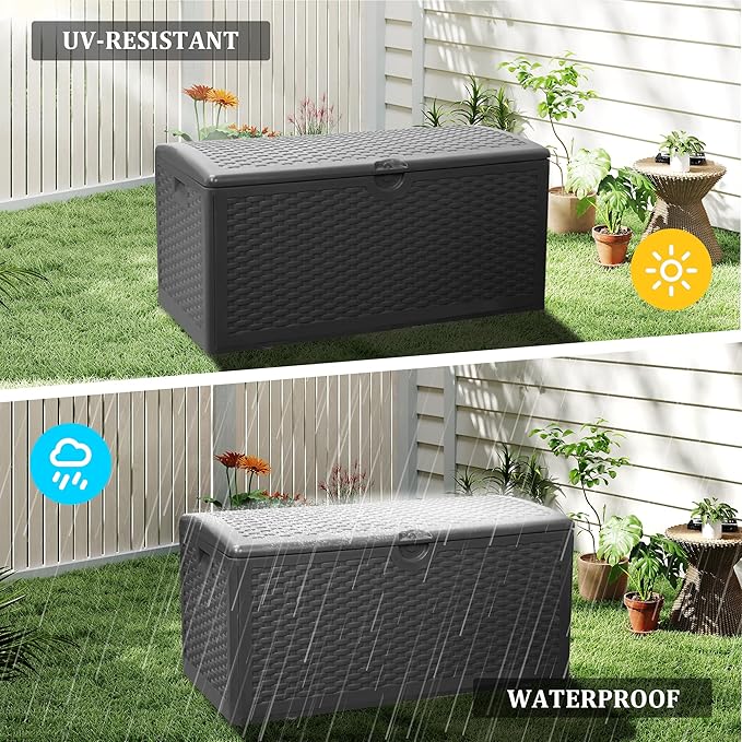 90 Gallon Plus Outdoor Storage Box Waterproof Lockable Resin Deck Box Large, Patio Storage Bin for Pool Accessories Cushion Furniture, Garden Tools, UV-Resistant Outside Delivery Black