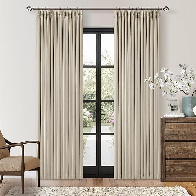 Neutral Beige Linen Pinch Pleated Blackout Curtains 84 Inches Long for Bedroom Living Room Darkening 100% Black Out Pinch Pleat Drape with Liner Farmhouse 84 Inch Curtain for Dining Room Oatmeal Sand