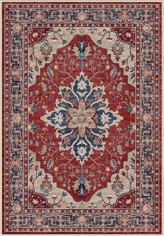 Area Rugs Round 8ft Washable Non-Slip, Floral Vintage Distress Print Pattern Medallion Carpet for Living Room Bedroom Dining Room, Red Blue