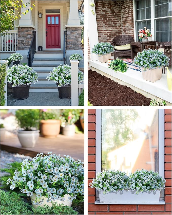 JAKY-Global Faux Artificial Plants Outdoor Flowers Spring Summer Decoration 16 Bundles Fake Eucalyptus Silk Daisy UV Resistant Realistic for Outside Planters,Pot,Front Porch,Patio,Yard Decor