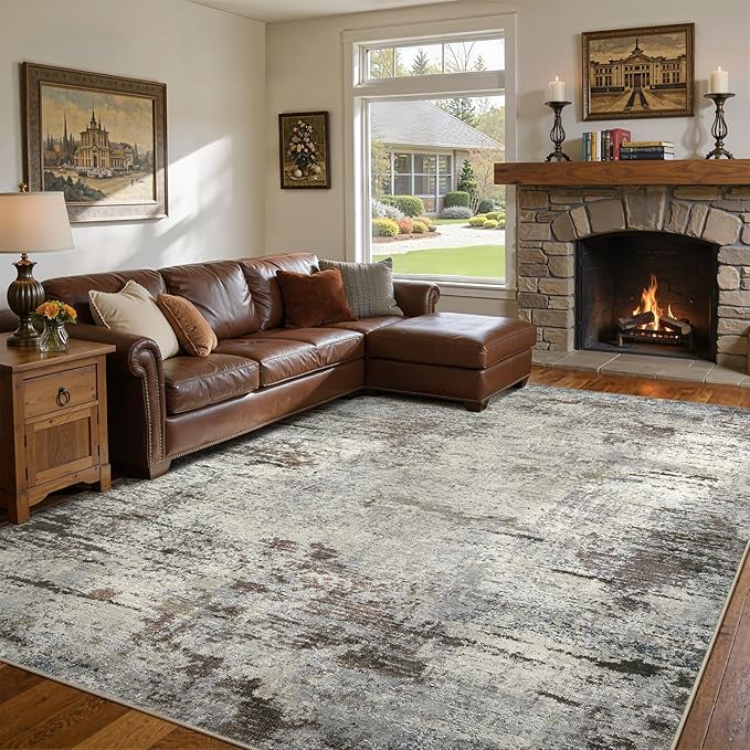 Area Rug Living Room Rugs - 9x12 Washable Large Soft Indoor Neutral Modern Abstract Low Pile Rug Carpet for Bedroom Dining Room Farmhouse Home Office - Brown Rust