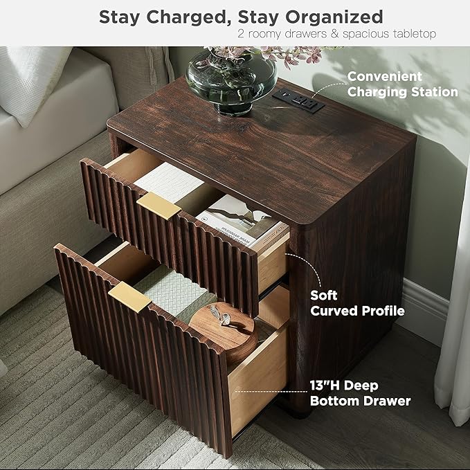 T4TREAM 23'' Fluted Nightstand with Charging Station, Large 2 Drawer Bedside Table, Modern End Table with Storage, Mid Century Night Stand for Bedroom, Living Room, Curved Profile, Dark Walnut
